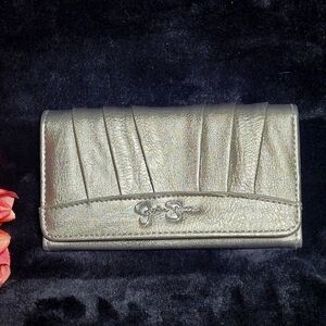 Jessica Simpson Pewter Fold Wallet  Snap button closure Leopard Interior NWT